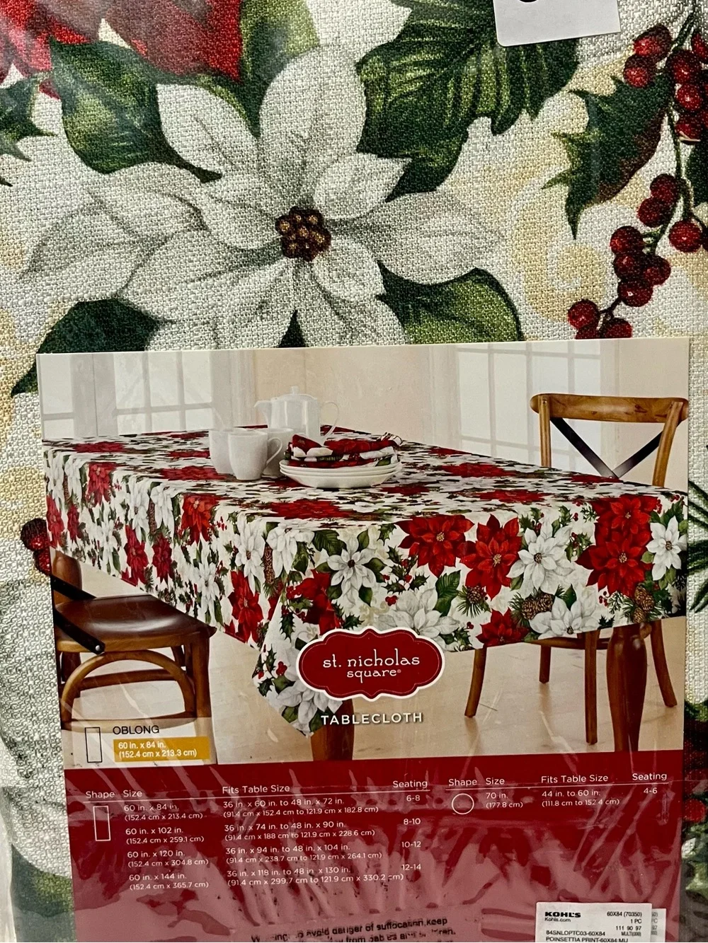 St. Nicholas Square Christmas Tablecloth Oblong 60x84 NWT Poinsettia Holly